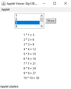 Write a java program to display multiplication table of a given number into the List box by clicking on button.