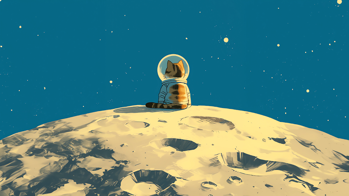 4K wallpaper depicting a cat astronaut in contemplation on the moon, surrounded by a starry cosmos.