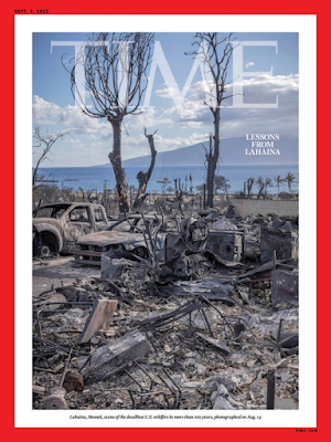 cover of Time magazine with scene of burnt vehicles and remains of homes looking towards the ocean