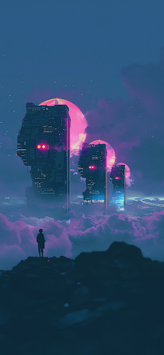 Stunning iPhone wallpaper showcasing a futuristic cityscape with towering structures against a large pink moon, with a solitary figure standing in the foreground overlooking a sea of clouds under a twilight sky.