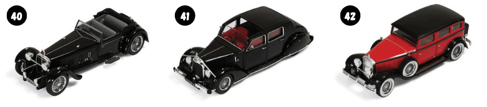 daimler double six 50 convertible 1:43, voisin c28 ambassade 1:43, minerva al 1:43, coleccion ixo museum