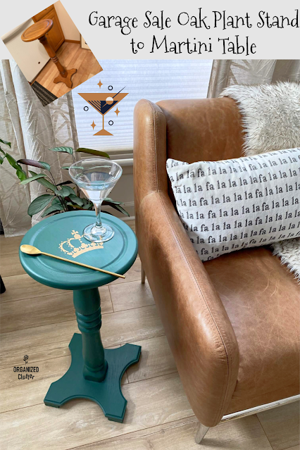 Photo of a pedestal plant stand repurposed & upcycled as a martini table.