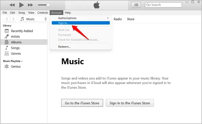 تسجيل الدخول إلى iTunes على نظام windows