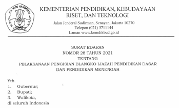 Surat Edaran SE Sesjen Kemendikbud Ristek Nomor 28 Tahun 2021 Tentang Pelaksanaan Pengisian Blangko Ijazah SD SMP SMP SMK