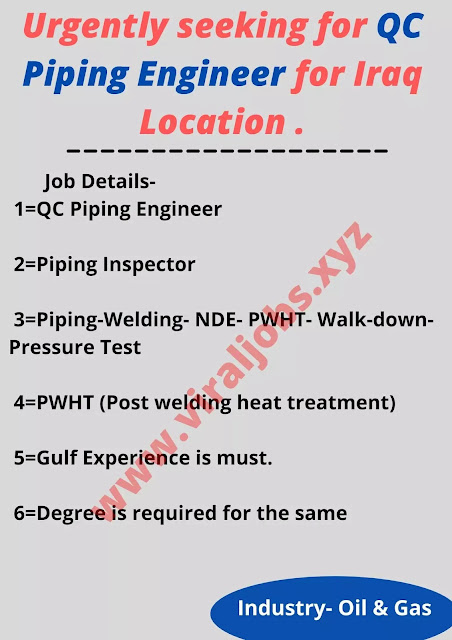 urgently seeking for QC Piping Engineer for Iraq Location .
