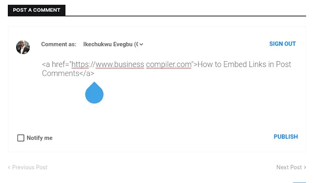 Alt: = "screenshot on how to insert text embedded link in site post comment"