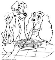 Lady and the Tramp eat pasta coloring page