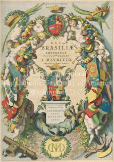 Frontispício da Rerum per octennium in Brasilia, de Gaspar Barleu (1647), no exemplar da Oliveira Lima Library (imagem disponível no perfil da instituição no Facebook).