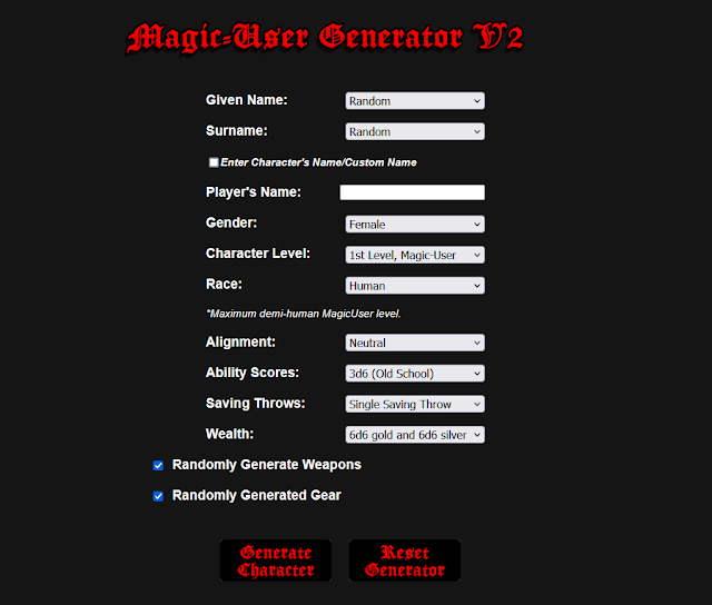 White Box Magic-User Character Generator Version 2