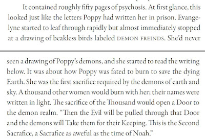 It contained roughly fifty pages of psychosis. At first glance, this looked just like the letters Poppy had written her in prison. Evangelyne started to leaf through rapidly but almost immediately stopped at a drawing of beakless birds labeled DEMON FREINDS. She’d never seen a drawing of Poppy’s demons, and she started to read the writing below. It was about how Poppy was fated to burn to save the dying Earth. She was the first sacrifice required by the demons of earth and sky. A thousand other women would burn with her; their names were written in light. The sacrifice of the Thousand would open a Door to the demon realm. “Then the Evil will be pulled through that Door and the demons will Take them for their Keeping. This is the Second Sacrafice, a Sacrafice as aweful as the time of Noah.”