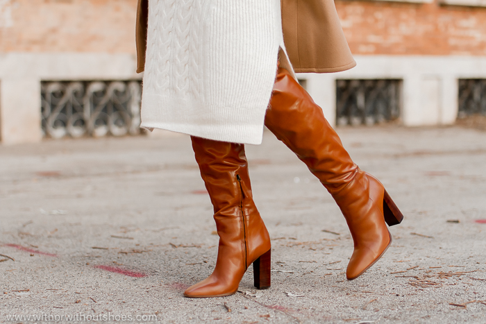 Look ABRIGADO PARA LA TEMPORADA DE FRIO con sobrecamisa y vestido de punto de cortefiel y botas altas