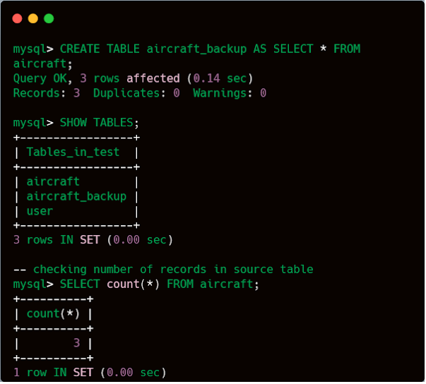 How to copy table using SQL query in MySQL? Example