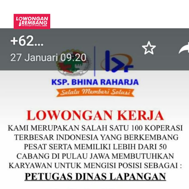 Lowongan Kerja Petugas Dinas Lapangan KSP Bhina Raharja Rembang