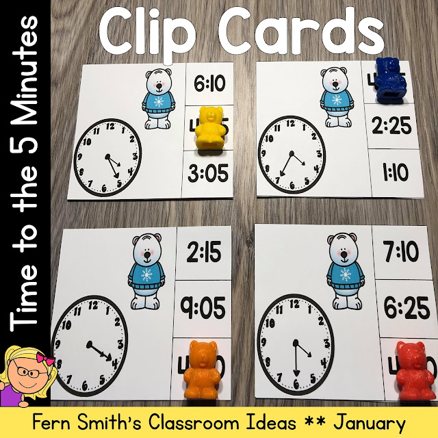 Time to the Five Minutes Clip Cards Polar Bear Themed Math Centers