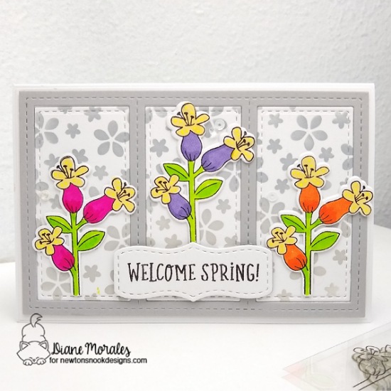 Welcome spring by Diane Morales features A7 Banners & Frames,  Petite Flowers stencil,  Hummingbird stamp and die set, and  Spring Roundabout stamp set by Newton's Nook Designs; #inkypaws, #newtonsnook, #springcards, #cardmaking
