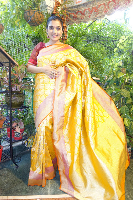 Banarasi saree with vintage vibes- all over zari.  Sunshine yellow color