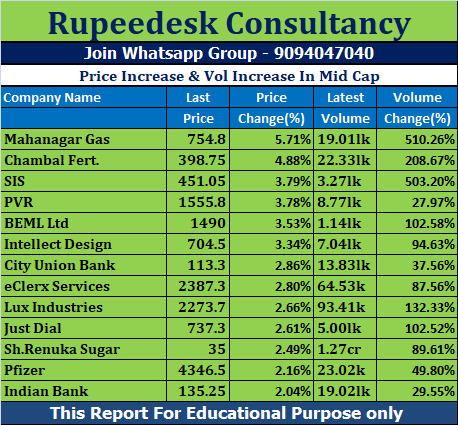 Price Increase & Vol Increase In Mid Cap