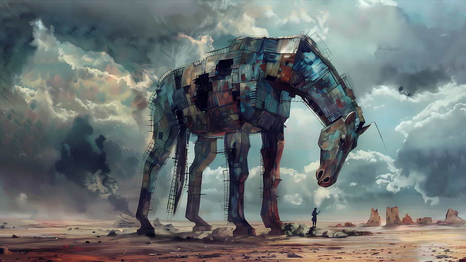 A vast mechanical horse towers over a lone wanderer in a desolate wasteland, under a stormy sky, in this thought-provoking wallpaper.