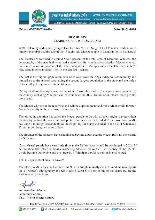 CLARION CALL TO HON'BLE CM: WORLD MEETEI COUNCIL URGES PROTECTION OF MEETEI IDENTITY