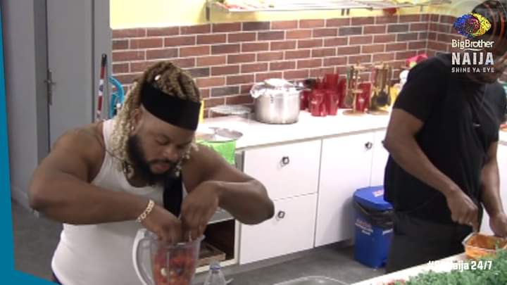 BBNaija: Picture of Whitemoney, others preparing local delicacies during today's cooking task