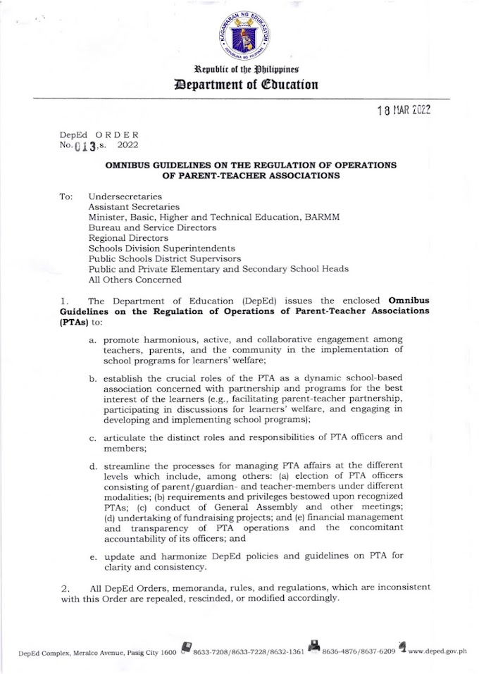  The Department of Education issues DepEd Order No. 13, s. 2022 or the Omnibus Guidelines on the Regulation of Operations of Parent-Teacher Associations (PTAs) [Read & Download]