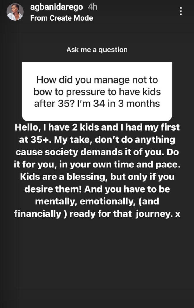 Dont do anything because the society demands it for you- Agbani Dergo advises a fan who feels pressured about having kids at age 34