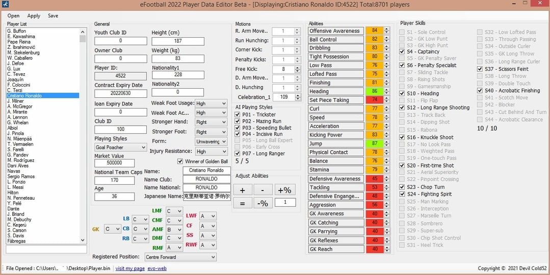 eFootball 2022 Player Data Editor Beta V1.1 Released​