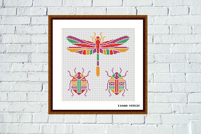 Orange Dragonfly & beetles stained glass easy cross stitch pattern