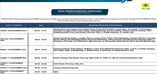 PLN Lakukan Pemadaman Listrik Bergilir di Sumbar Mulai Besok Selama Sepekan