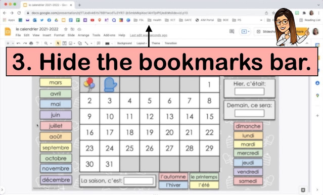 Maximize Google Slides in Edit Mode - hide bookmarks bar