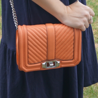 navy dress with Rebecca Minkoff chevron quilted small Love crossbody bag in pale coral | awayfromtheblue