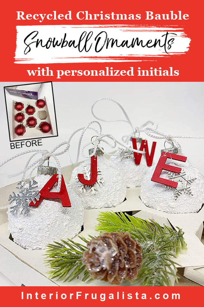 How to recycle your old and tattered Christmas tree baubles into adorable personalized snowball ornaments and it is so easy with just a few supplies. #recycledchristmasornaments #snowballornamentsdiy #christmasbaubleideas