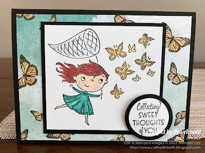 Second Sunday Sketches #34 card sketch challenge catching butterflies stamp set card shows a girl with a butterfly net catching butterflies the greeting says collecting sweet things of you thinking of you card