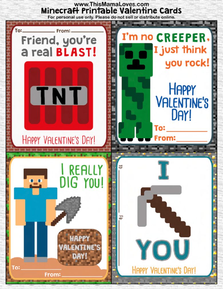 Minecraft printable valentines for kids