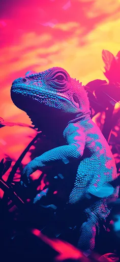 A visually striking iPhone wallpaper featuring a majestic reptile in neon hues, set against a vibrant tropical sunset, perfect for nature and wildlife enthusiasts.
