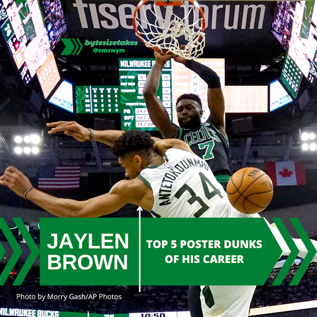 Jaylen Brown dunking on Giannis Antetekounmpo