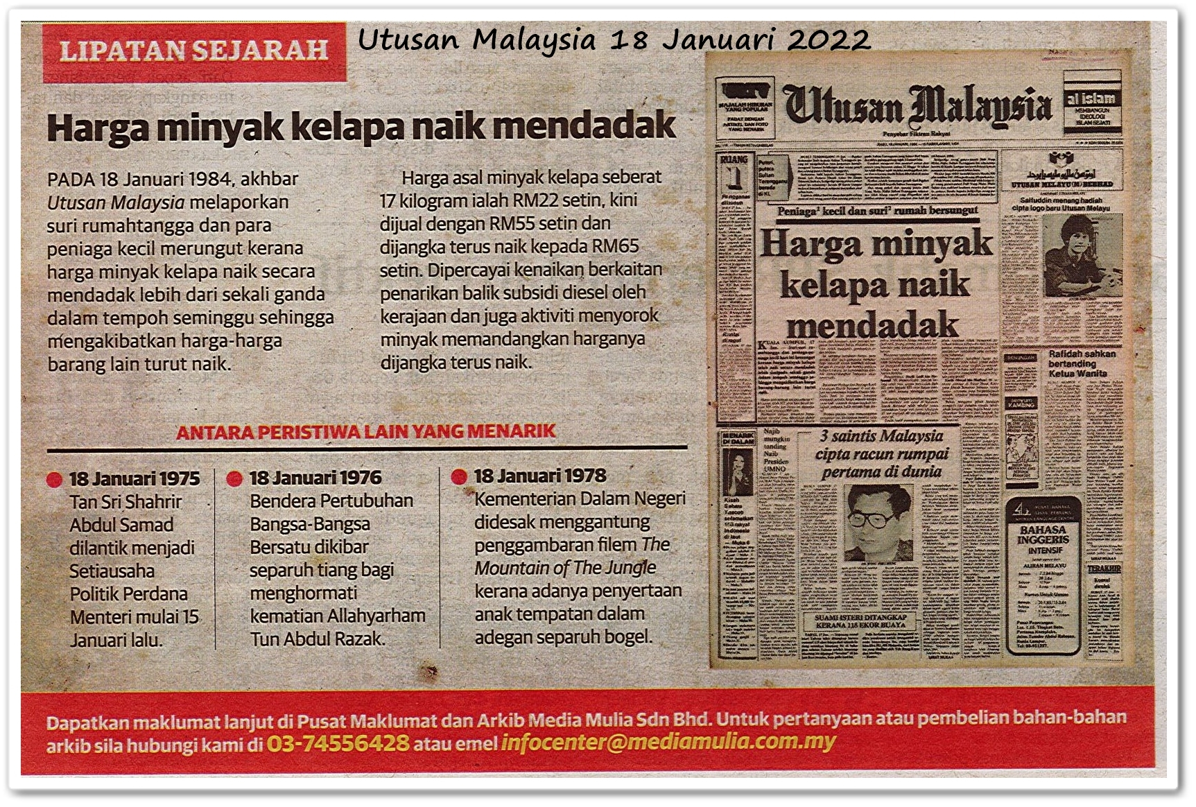 Lipatan sejarah 18 Januari - Keratan akhbar Utusan Malaysia 18 Januari 2022