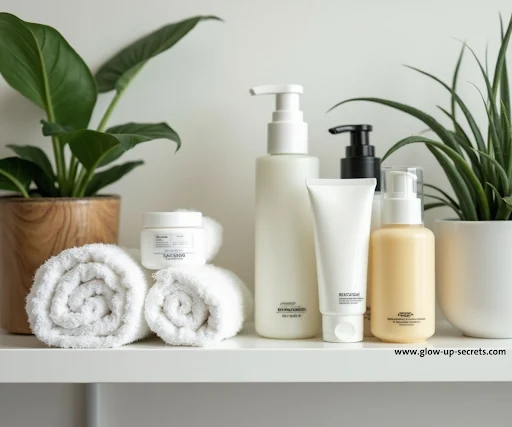 Arrangement of various drugstore skincare products on a bathroom shelf