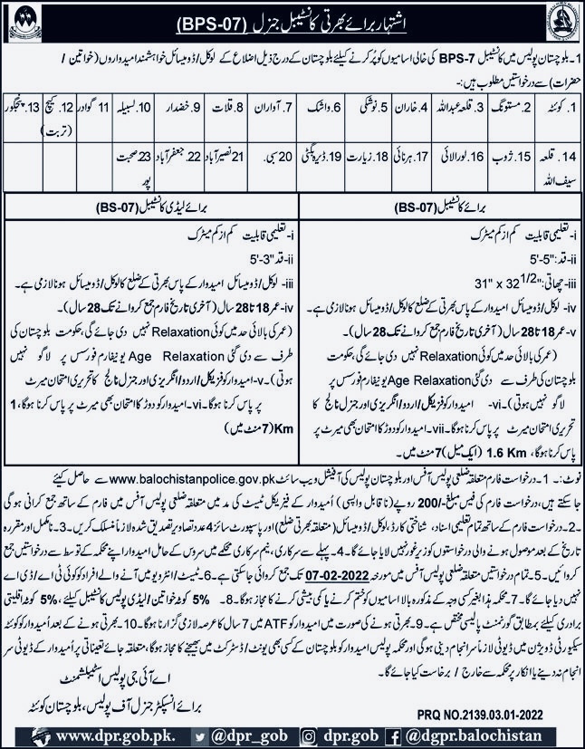 Balochistan Police Constable, Lady Constable Positions (BPS-07)||Apply Police Recruitments 2022
