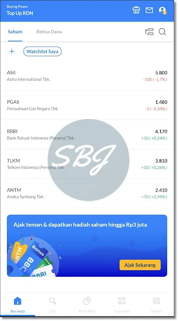 halaman saham pada aplikasi ajaib