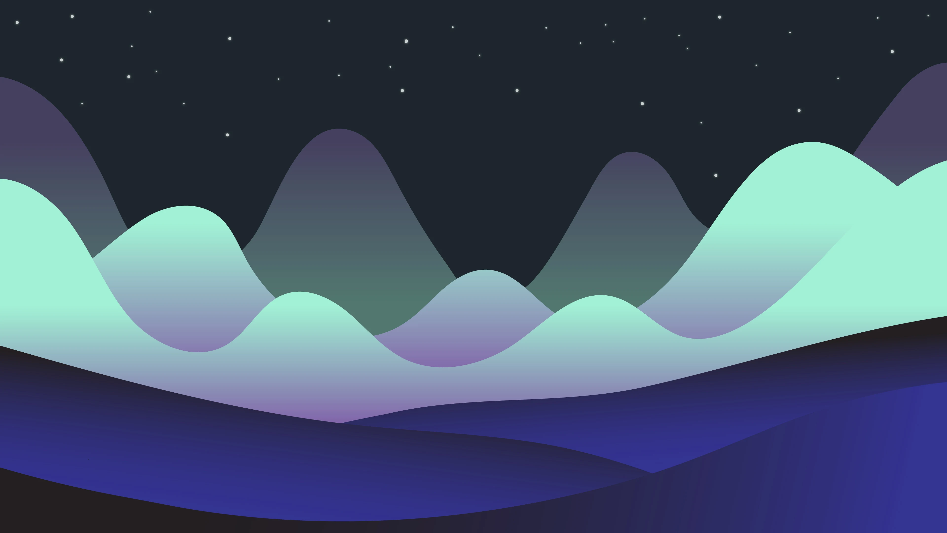 Abstract night landscape with wavy layers of hills in shades of blue and purple under a starry sky.