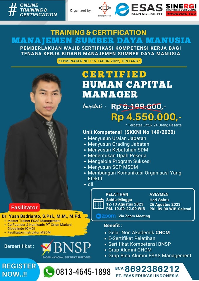 WA.0813-4645-1898 | Certified Human Capital Manager (CHCM), Sertifikasi Manajemen Sumber Daya Manusia (MSDM) BNSP RI 12 Agustus 2023