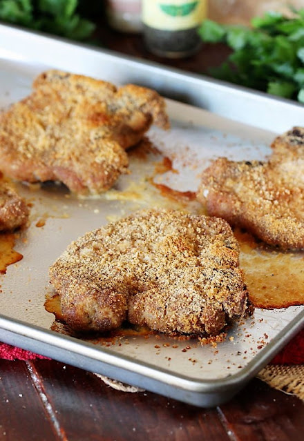 Baked Homemade Shake & Bake Pork Chops on Baking Sheet Image