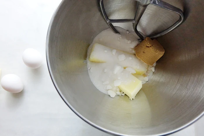 butter and sugars in mixer bowl prep