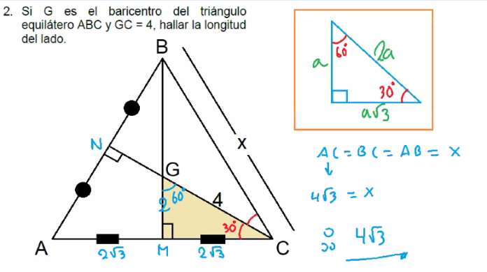 Si G es el baricentro del triángulo equilátero ABC y GC = 4, hallar la longitud del lado.