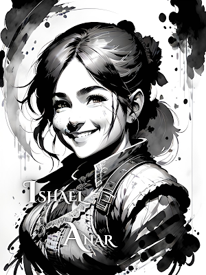 A black and white drawing of a woman who is a halfling bard, text Ishael Anar
