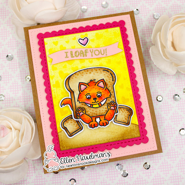 I Loaf You Cat Card by Ellen Haxelmans | Knead Kittens Stamp Set, A7 Frames & Banners Die Set, Petite Hearts Stencil, Framework Die Set, Land Borders die Set by Newton's Nook Designs. #newtonsnook