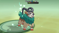 Mundo Pokémon - 673- Gogoat. Tipo: planta. Evolução: Estágio Final.  Histórico: Habitam regiões montanhosas. O líder do rebanho é decidido  através de uma luta com chifres. Pode formar um forte vínculo com