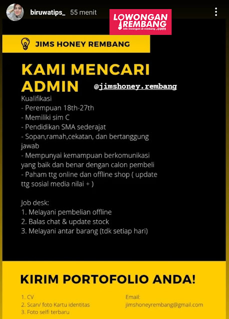 Lowongan Kerja Admin Jims Honey Rembang
