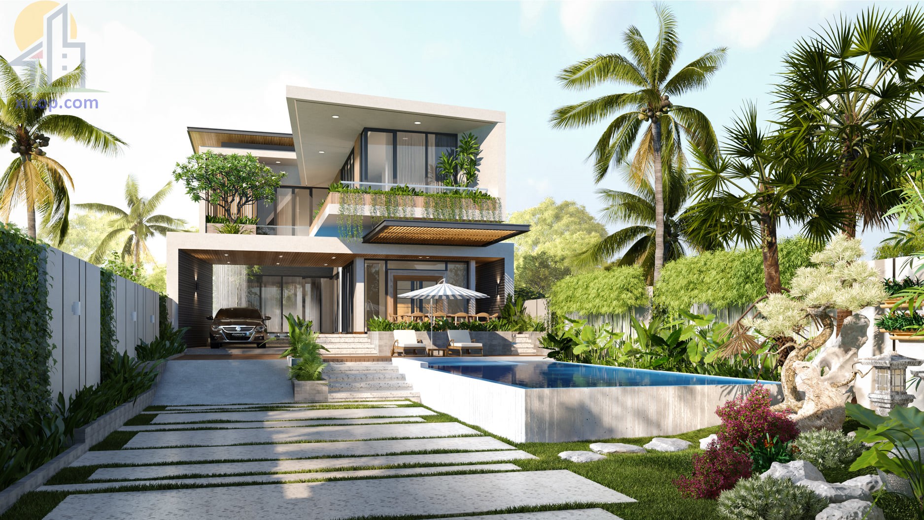 Mẫu nhà biệt thự đẹp có hồ bơi 2 tầng mái bằng thiết kế hiện đại